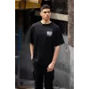 Unisex Bisiklet Yaka Baskılı Oversize T-Shirt - Siyah