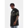 Unisex Bisiklet Yaka Baskılı Oversize T-Shirt - Siyah