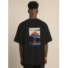Unisex Bisiklet Yaka Baskılı Oversize T-Shirt - Siyah