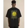 Unisex Bisiklet Yaka Baskılı Oversize T-Shirt - Siyah
