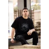 Unisex Bisiklet Yaka Baskılı Oversize T-Shirt - Siyah