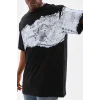 Unisex Bisiklet Yaka Baskılı Oversize T-Shirt - Siyah