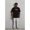 Unisex Bisiklet Yaka Double Oversize Baskılı T-Shirt - Siyah