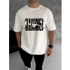 Unisex Bisiklet Yaka Katlanan Baskılı T-Shirt - Beyaz