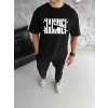 Unisex Bisiklet Yaka Katlanan Baskılı T-Shirt - Siyah