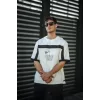 Unisex İki Yandan Fermuarlı Parçalı Baskılı Oversize T-shirt - Beyaz