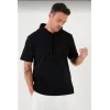 Unisex Kapşonlu Kısa Kol Düz Oversize T-shirt - Siyah