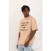 Luz&Pos Unisex Oversize Baskılı Bisiklet Yaka T-shirt - Bej