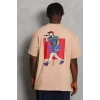 Unisex Oversize Baskılı Bisiklet Yaka T-Shirt - Bej
