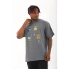 Luz&Pos Unisex Oversize Baskılı Bisiklet Yaka T-shirt - Füme