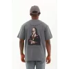 Luz&Pos Unisex Oversize Baskılı Bisiklet Yaka T-shirt - Füme