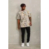 Unisex Oversize Baskılı Bisiklet Yaka T-Shirt - Gri