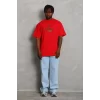 Unisex Oversize Baskılı Bisiklet Yaka T-Shirt - Kırmızı