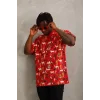 Luz&Pos Unisex Oversize Baskılı Bisiklet Yaka T-shirt - Kırmızı