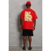 Luz&Pos Unisex Oversize Baskılı Bisiklet Yaka T-shirt - Kırmızı