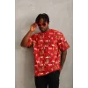 Luz&Pos Unisex Oversize Baskılı Bisiklet Yaka T-shirt - Kırmızı