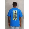 Luz&Pos Unisex Oversize Baskılı Bisiklet Yaka T-shirt - Mavi