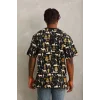 Unisex Oversize Baskılı Bisiklet Yaka T-Shirt - Siyah