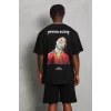 Luz&Pos Unisex Oversize Baskılı Bisiklet Yaka T-shirt - Siyah