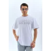 Unisex Oversize Taşlı Bisiklet Yaka T-Shirt - Beyaz