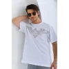 Unisex Oversize Taşlı Bisiklet Yaka T-Shirt - Beyaz