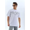 Luz&Pos Unisex Oversize Taşlı Bisiklet Yaka T-shirt - Beyaz