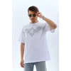 Luz&Pos Unisex Oversize Taşlı Bisiklet Yaka T-shirt - Beyaz