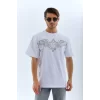 Luz&Pos Unisex Oversize Taşlı Bisiklet Yaka T-shirt - Beyaz