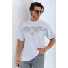 Luz&Pos Unisex Oversize Taşlı Bisiklet Yaka T-shirt - Beyaz