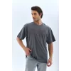 Luz&Pos Unisex Oversize Taşlı Bisiklet Yaka T-shirt - Füme