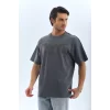 Luz&Pos Unisex Oversize Taşlı Bisiklet Yaka T-shirt - Füme