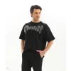 Unisex Oversize Taşlı T-Shirt - Siyah