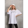 Luz&Pos Unisex Taş Desenli Oversize T-shirt - Beyaz