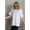 Luz&Pos Unisex Taş Desenli Oversize T-shirt - Beyaz