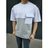 Unisex Torba Cep Detaylı Parçalı T-Shirt - Gri