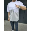 Unisex Torba Cep Detaylı Parçalı T-Shirt - Gri
