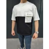 Unisex Torba Cep Detaylı  Parçalı T-Shirt - Siyah