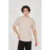 Unisex Waffle Kumaş Rahat Kol T-Shirt - Bej