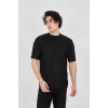 Unisex Waffle Kumaş Rahat Kol T-Shirt - Siyah