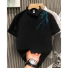 Unisex Yakası Düğmeli Oversize Baskılı T-Shirt - Siyah