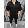 Luz&Pos Unisex Yarım Fermuarlı Basic T-shirt - Siyah