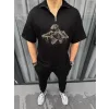 Unisex Yarım Fermuarlı Baskılı Oversize T-Shirt - Siyah