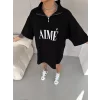 Luz&Pos Unisex Yarım Fermuarlı Baskılı T-shirt - Siyah