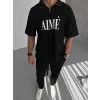 Luz&Pos Unisex Yarım Fermuarlı Baskılı T-shirt - Siyah