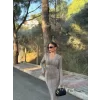 V Yaka Kare Yaka Dikişli Yırtmaçlı Uzun Elbise - Taş