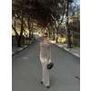 V Yaka Kare Yaka Dikişli Yırtmaçlı Uzun Elbise - Taş