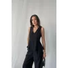 V YAKA KOLSUZ BLUZ - PANTOLON TAKIM MODAL KUMAŞ - Siyah