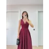 V Yaka Uzun Kolsuz Elbise- Bordo