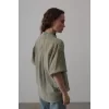 Yarım Balon Kol Çizgili Gömlek - Haki