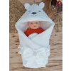 Luz&Pos Yenidoğan Beyaz Wool Yün Kumaş Ayıcık Kulaklı Kundak Bebek Battaniyesi Beyaz